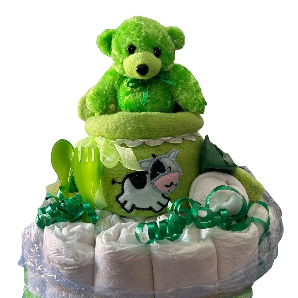 Green Diaper Cake Baby Shower Gift Teddy Bear Cow Blanket Baby Essentials NEW